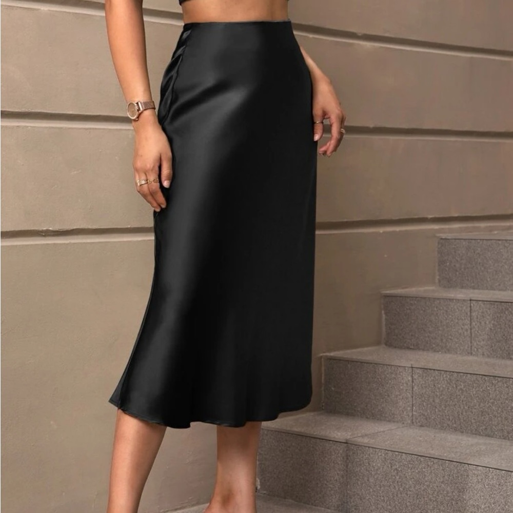 Black Satin Bias Hem Midi Skirt